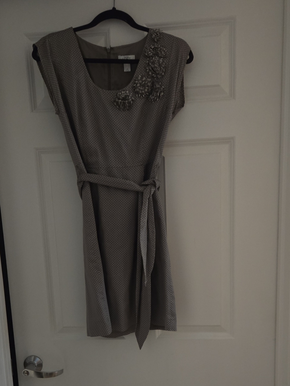 Anne Taylor LOFT Taupe Polka Dot Midi Dress with Self-Tie Belt